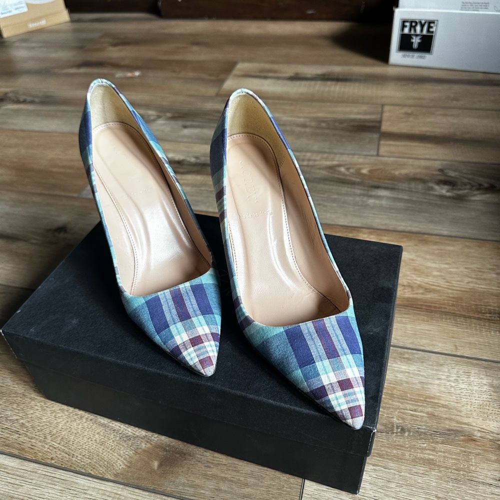 J. Crew Blue Plaid Pointed-Toe Heels